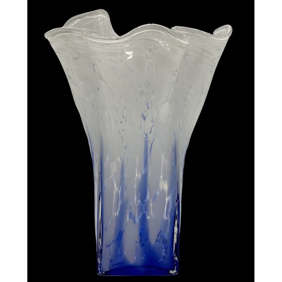 Pier 1 Imports Cobalt Blue White Spatter Glass Ruffled Edge Handkerchief Vase 9" - Picture 1 of 10